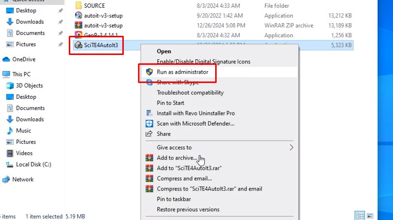 Tìm file SciTE4Autoit3 và chạy dưới quyền Admin Tìm file SciTE4Autoit3 và chạy dưới quyền Admin