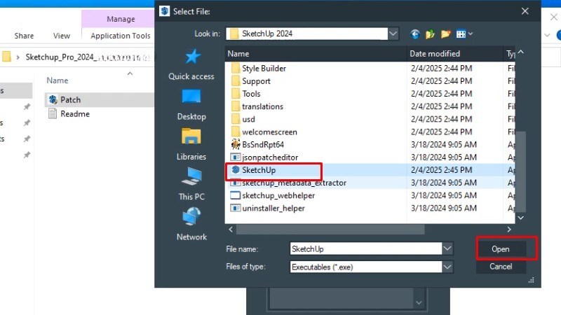 Tìm và chọn file SketchUp của phần mềm và nhấn Open Tìm và chọn file SketchUp của phần mềm và nhấn Open