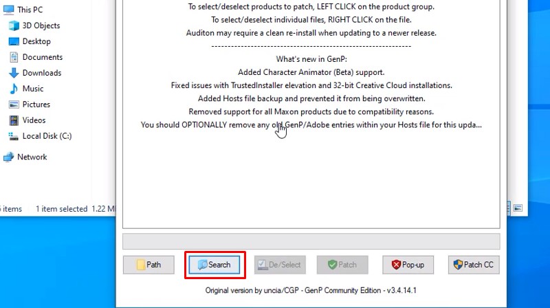 Trong cửa sổ GenP, nhấn Search để tìm kiếm phiên bản Lightroom vừa cài đặt Trong cửa sổ GenP, nhấn Search để tìm kiếm phiên bản Lightroom vừa cài đặt