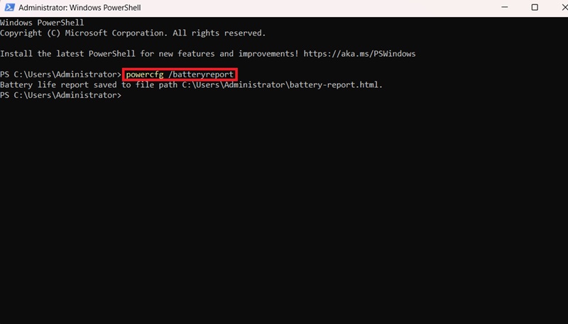 Trong cửa sổ PowerShell nhập lệnh powercfg /batteryreport và nhấn Enter