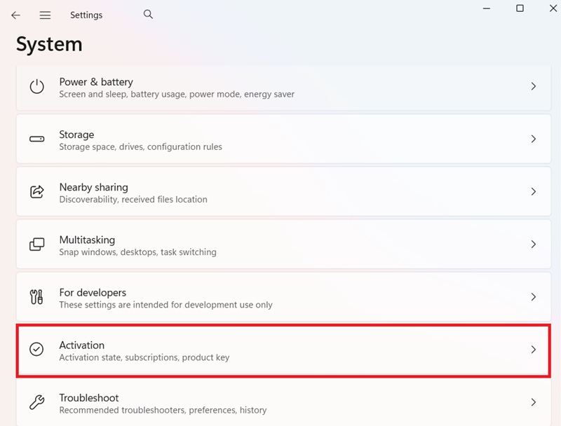 Vào mục System – tiếp theo bấm vào mục Activation