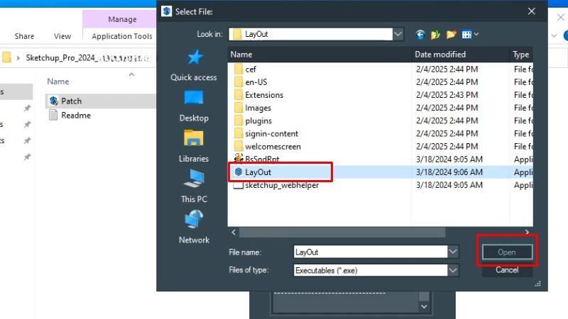 Vào thư mục LayOut, tìm file LayOut và nhấn Open Vào thư mục LayOut, tìm file LayOut và nhấn Open
