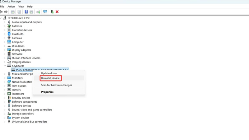 Chọn Uninstall device để vô hiệu hóa bàn phím Chọn Uninstall device