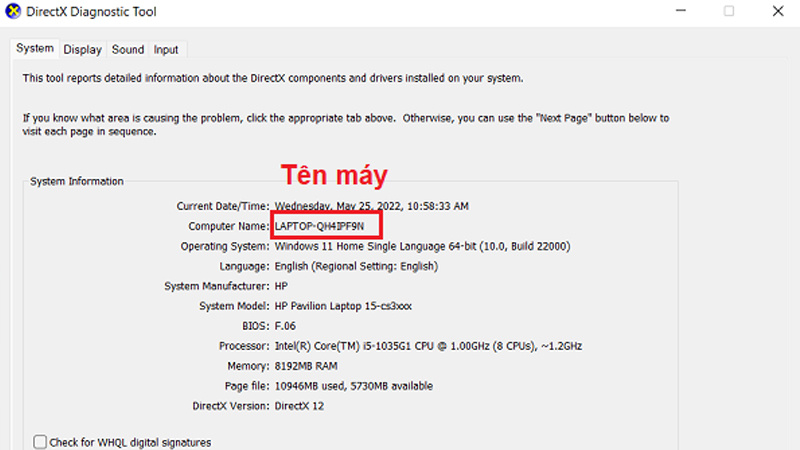 Trên màn hình hiển thị thông số máy gồm tên máy Màn hình hiển thị tên máy tính