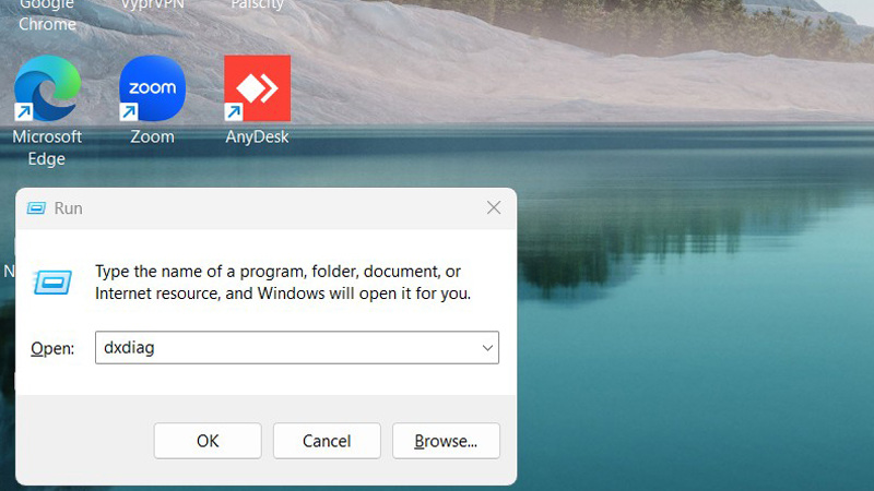 Nhập lệnh dxdiag tại phần open và nhấn “Mở” Nhập lệnh dxdiag