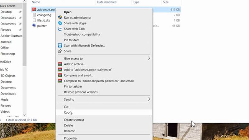 Xuất hiện Adobe.snr nhấp chuột phải chọn Copy Xuất hiện Adobe.snr nhấp chuột phải chọn Copy